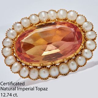 IMPORTANT ANTIQUE CERTIFICATED IMPERIAL TOPAZ AND PEARL BROOCH