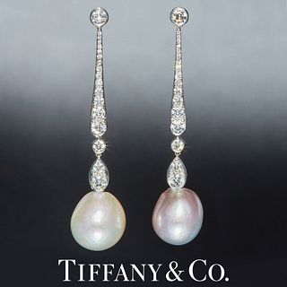 TIFFANY & CO, IMPORTANT PAIR OF CERTIFICATED ANTURAL SALTWATER PEARL AND DIAMOND DROP EARRINGS
