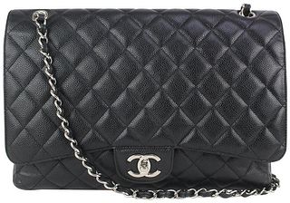 CHANEL SHW QUILTED BLACK CAVIAR LEATHER MAXI CLASSIC DOUBLE FLAP