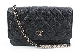 CHANEL 22P LIMITED BLACK QUILTED CAVIAR CC LINK WALLET ON CHAIN