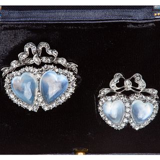 TWO ANTIQUE MOONSTONE AND DIAMOND DOUBLE HEART BROOCHES