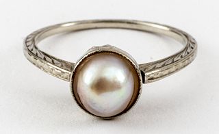 Edwardian 14K White Gold Filigree Pearl Ring