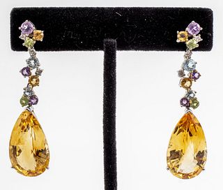 18K Gold Colored Stone Diamond Drop Earrings