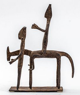 African Iron Sculpture of Two Figures and a Horse