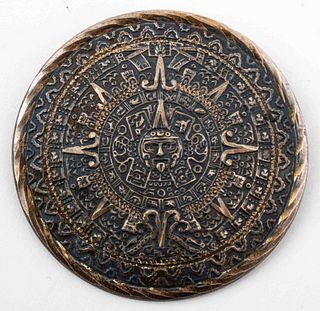 Silver Mexican Taxco Aztec Calendar Disc Brooch
