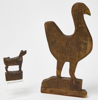 Early Carved Rooster and Dog Figures