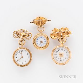 Three Open-face Pendant Watches with Pins