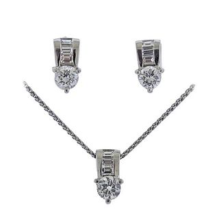 Platinum Diamond Earrings Pendant Necklace Set