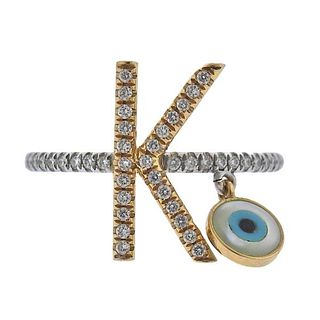 18k Gold Diamond Evil Eye K initial Ring