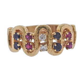 14k Gold Diamond Ruby Sapphire Ring