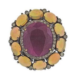 Silver 14k Gold 6.00ct Ruby Diamond Opal Cocktail Ring