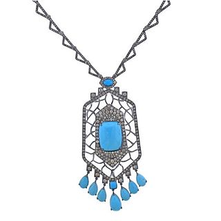 Sterling Silver Diamond Turquoise Rock Crystal Pendant Necklace