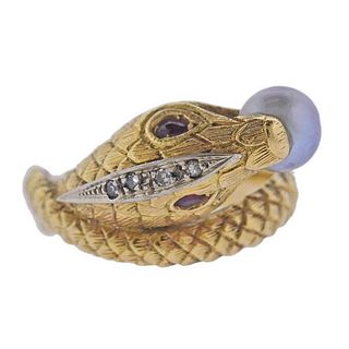 Antique Continental 19k Gold Pearl Ruby Diamond Snake Ring