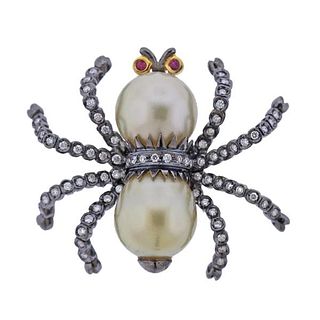 18k Gold Diamond Pearl Spider Brooch Pin