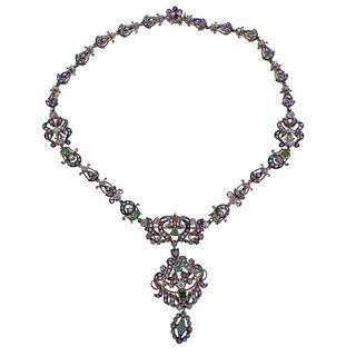 Continental 18k Gold Silver Diamond Emerald Necklace Brooch