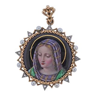 Antique Gold Platinum Diamond Miniature Portrait St. Mary Pendant