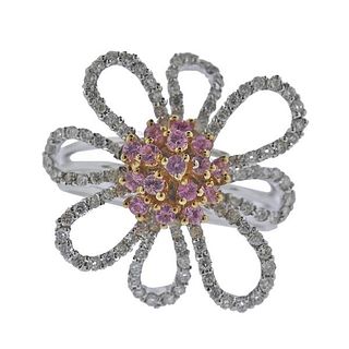 14k Gold Pink White Diamond Flower Ring