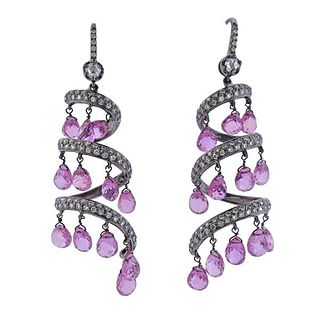 18k Gold Diamond Pink Sapphire Swirl Drop Earrings
