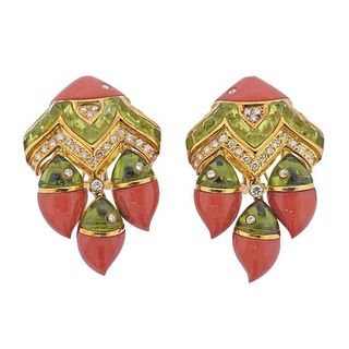 18K Gold Diamond Peridot Coral Cocktail Earrings
