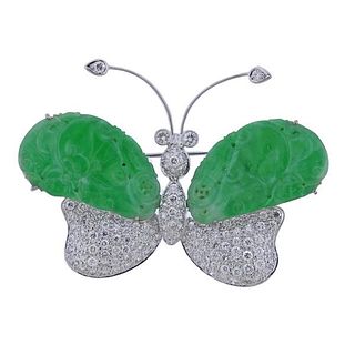 18k Gold Carved Jade Diamond Butterfly Brooch