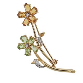 14K Gold Diamond Peridot Citrine Flower Brooch Pin