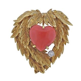 18K Gold Diamond Coral Heart Brooch Pendant