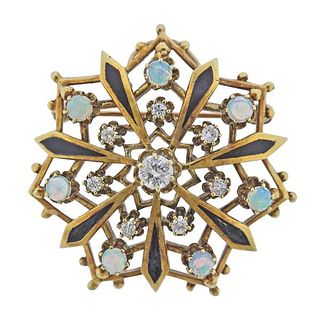14k Gold Diamond Opal Enamel Brooch Pendant