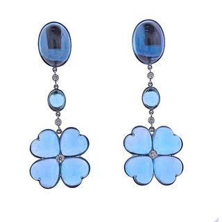 18k Gold Blue Topaz Diamond Flower Drop Earrings