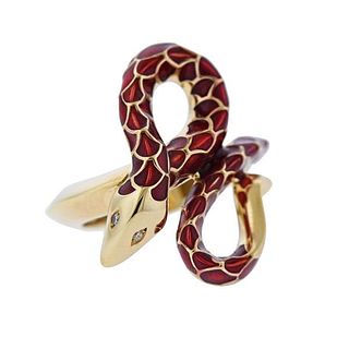 Diamond Red Enamel 18k Gold Snake Ring