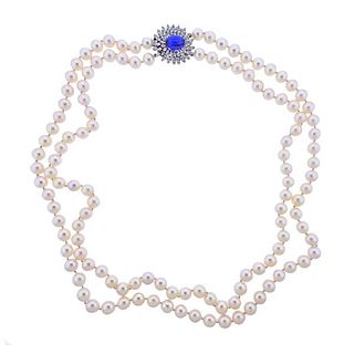 14K Gold Diamond Pearl Two Strand Necklace