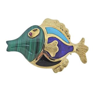 18k Gold Malachite Turquoise Lapis Onyx Ruby Fish Brooch Pin