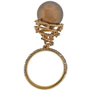 Porrati Chocolate South Sea Pearl Diamond Gold Charm Ring