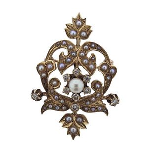 Antique 14k Gold Diamond Pearl Brooch Pendant