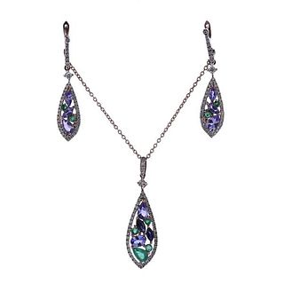 Kallati Gold Diamond Multi Gemstone Pendant Necklace Earrings Set 
