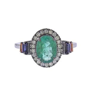 Sterling Silver Diamond Emerald Sapphire Ring