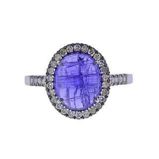 Sterling Silver 4.79ct Cabochon Tanzanite Diamond Ring