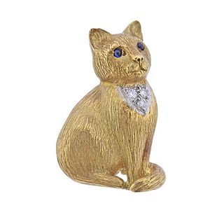 English 18k Gold Diamond Sapphire Cat Brooch pin