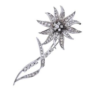 Midcentury 18k Gold Diamond Flower Brooch Pin