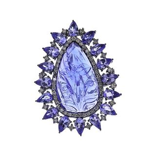 Sterling Silver Diamond Carved Tanzanite Ring