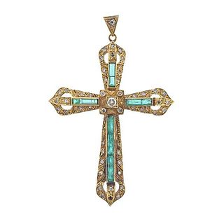 14k Gold Emerald Diamond Cross Pendant