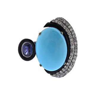 Sterling Silver Diamond Turquoise Onyx Ring