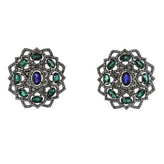 Silver 14k Gold Diamond Emerald Sapphire Cocktail Earrings