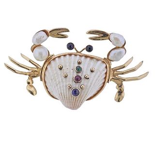 Maz 14k Gold Pearl Sapphire Emerald Ruby Crab Brooch