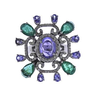 Sterling Silver Diamond Tanzanite Emerald Cocktail Ring