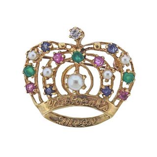 14k Gold Pearl Diamond Ruby Emerald Sapphire Crown Brooch