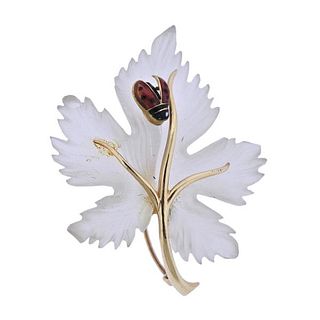 14k Gold Frosted Crystal Leaf Enamel Ladybug Brooch