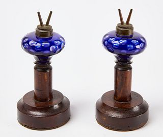 Two Cobalt Blue Whale Oil Lamps