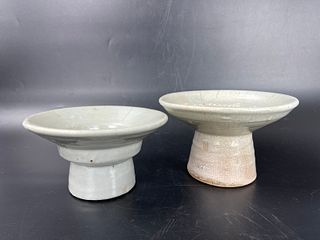 Two Antique Korean Pale Celadon Raised Dishes