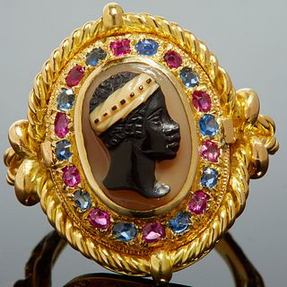 ANTIQUE SAPPHIRE AND RUBY BLACKAMOOR CAMEO RING
