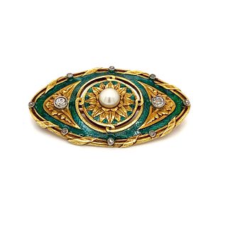Art Nouveau 18k Enamel Pearl Diamond Brooch